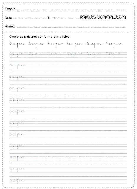 Atividades de caligrafia com a letra S de sapo
