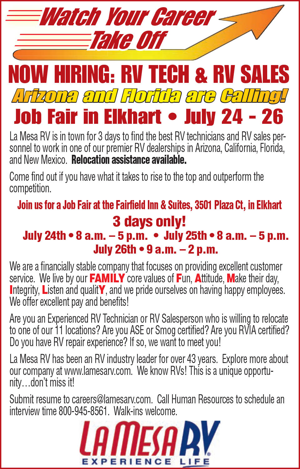 La Mesa RV is Hiring RV technicians and RV sales personnel