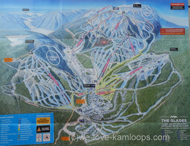 the map shows all the ski runs and the village at Sun Peaks