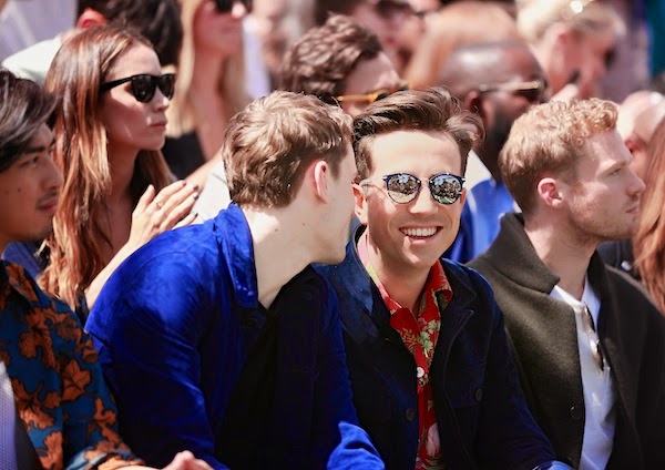 Nick Grimshaw wears Spring Summer 2015 dunhill English Botanical print silk shirt and navy suede driving jacket London Collections: Men LCM Burberry Prorsum show
