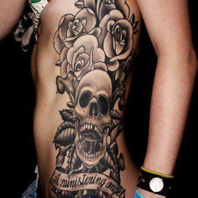 3d skull and rose tattoo on side body