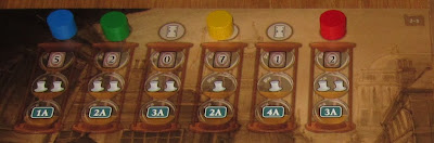 Last Will - The Planning Board for a two player game, with the player order being Yellow & then Red as the other colours are non player tokens used when there are only two players