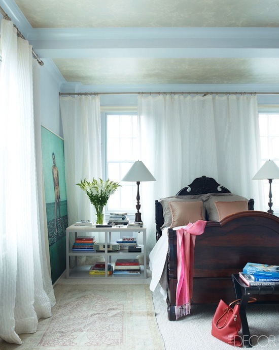 vintage wood bed, oversize art, master bedroom, white drapes, gold ceiling