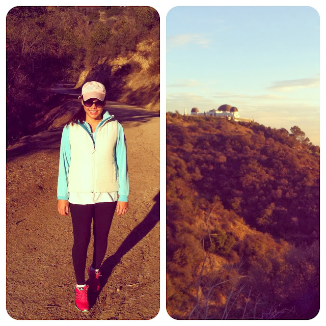 white vest, baby blue velour jacket, black leggings, pink sneakers, Griffith Park