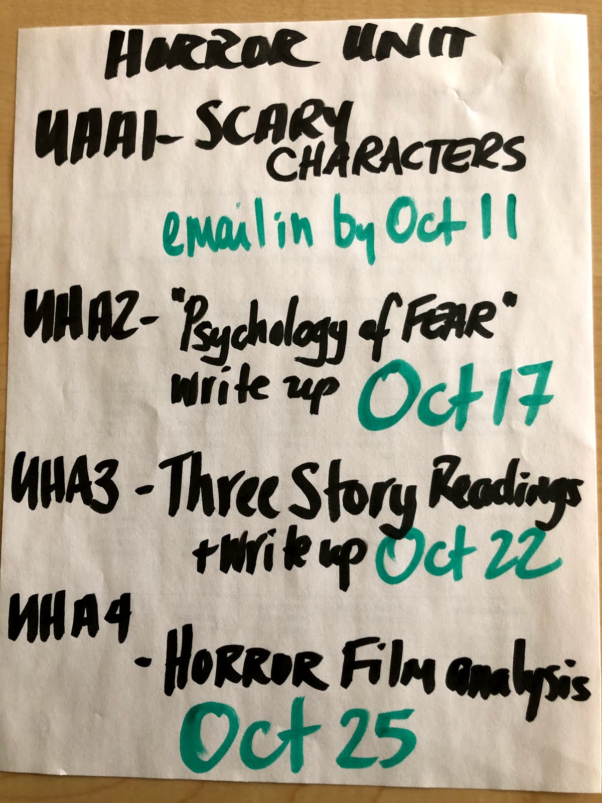 Horror Unit Due Dates