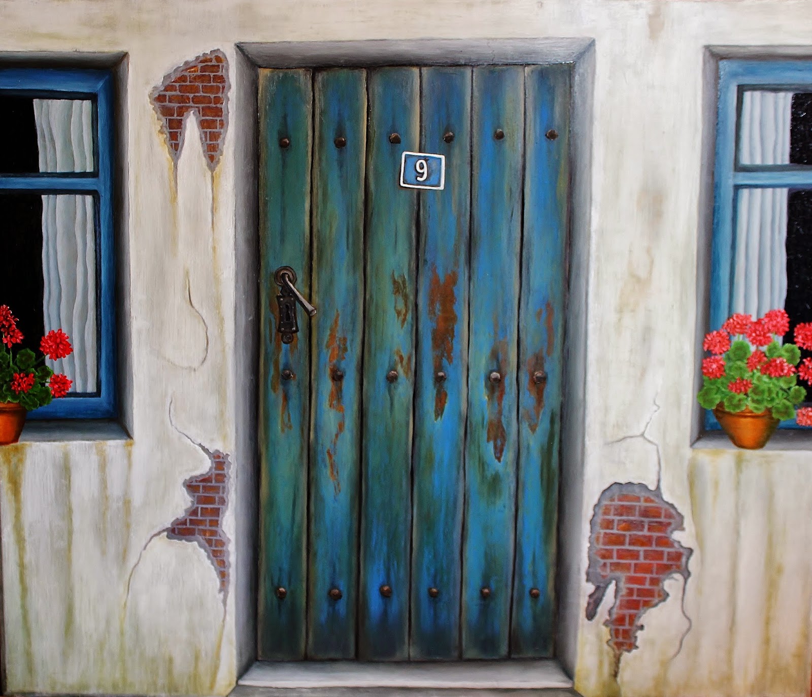 Fırçamın Ruhu eski ev tahta kapı sardunya çiçekleri