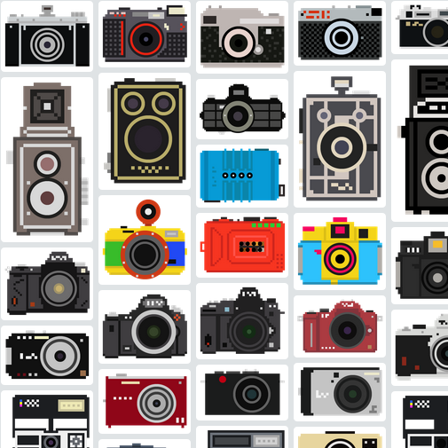 100ピクセルで表現された 様々なカメラのドット絵素材