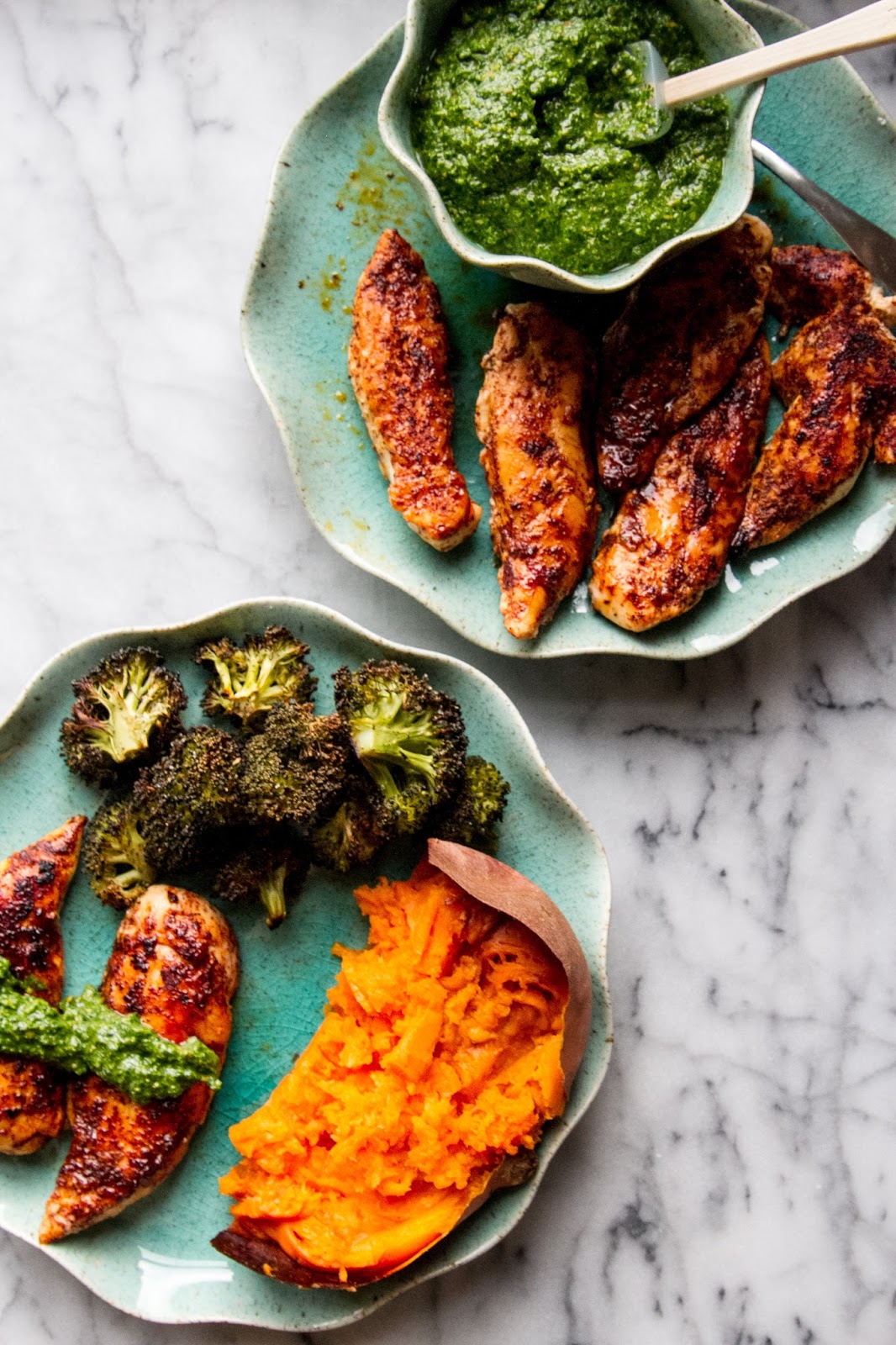 Chili Chicken Tenders with Cilantro Lime Pesto