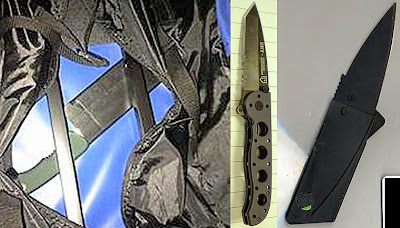 (L-R) Knife Concealed Under Lining of Bag (CLE), Knife Discovered COncealed in Small of Back (BUR), Credit Caard Knife (ABQ) (L-R) Knife Concealed Under Lining of Bag (CLE), Knife Discovered COncealed in Small of Back (BUR), Credit Caard Knife (ABQ)