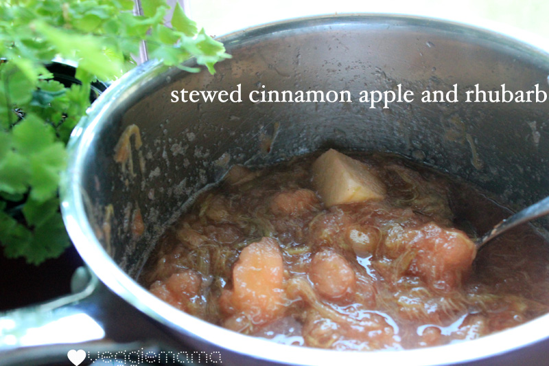 Stewed cinnamon apple and rhubarb: A wintery pot full of cinnamon-scented rhubarb stewed with sweet apples. Just right for a frosty evening dessert, over yogurt, or granola