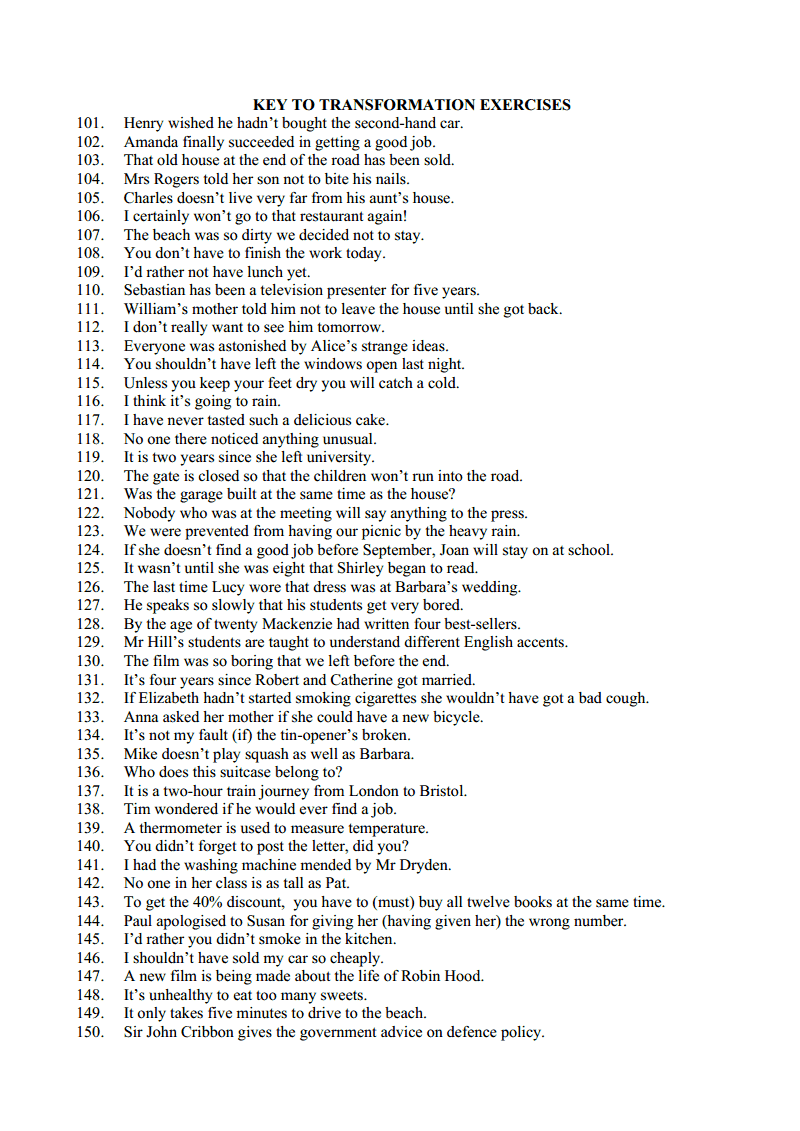 ADVANCED ENGLISH 2 ( B2): TRANSFORMATION /REPHRASING EXERCISES