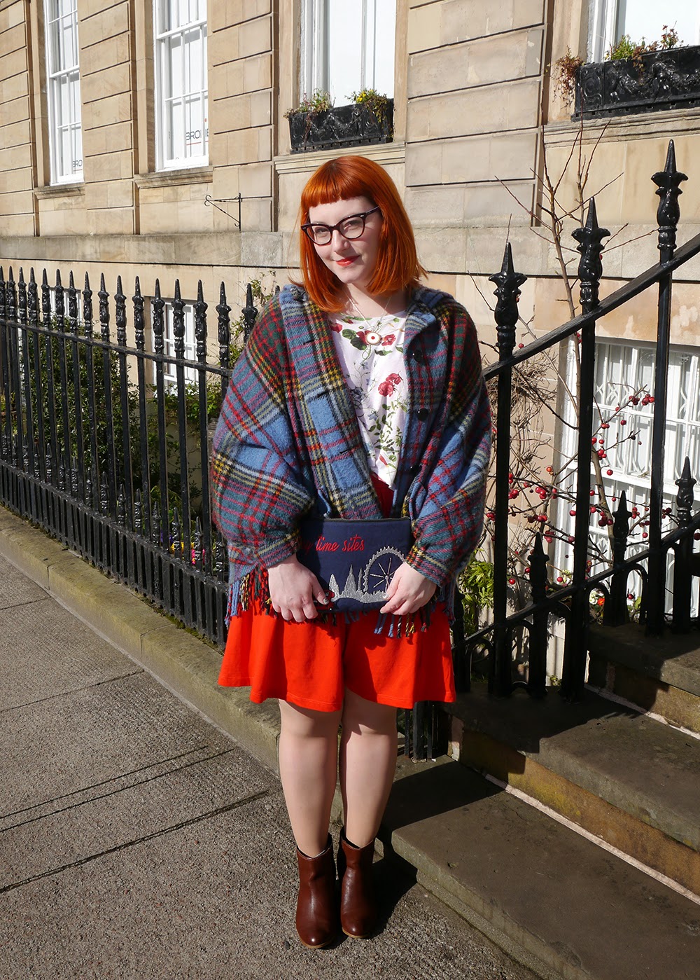Casual Cape Times What Helen Wore, Scottish Blogger, Red Head, Glasgow, Hillary's Crafternoon, Sugar & Vice, cherry bakewell necklace, comfy style, bright colours, floral tee, Zara flower print tshirt, H&M red jersey dress, Zara brown boots, SewLomax day time sites bag, vintage tartan cape, vintage cape
