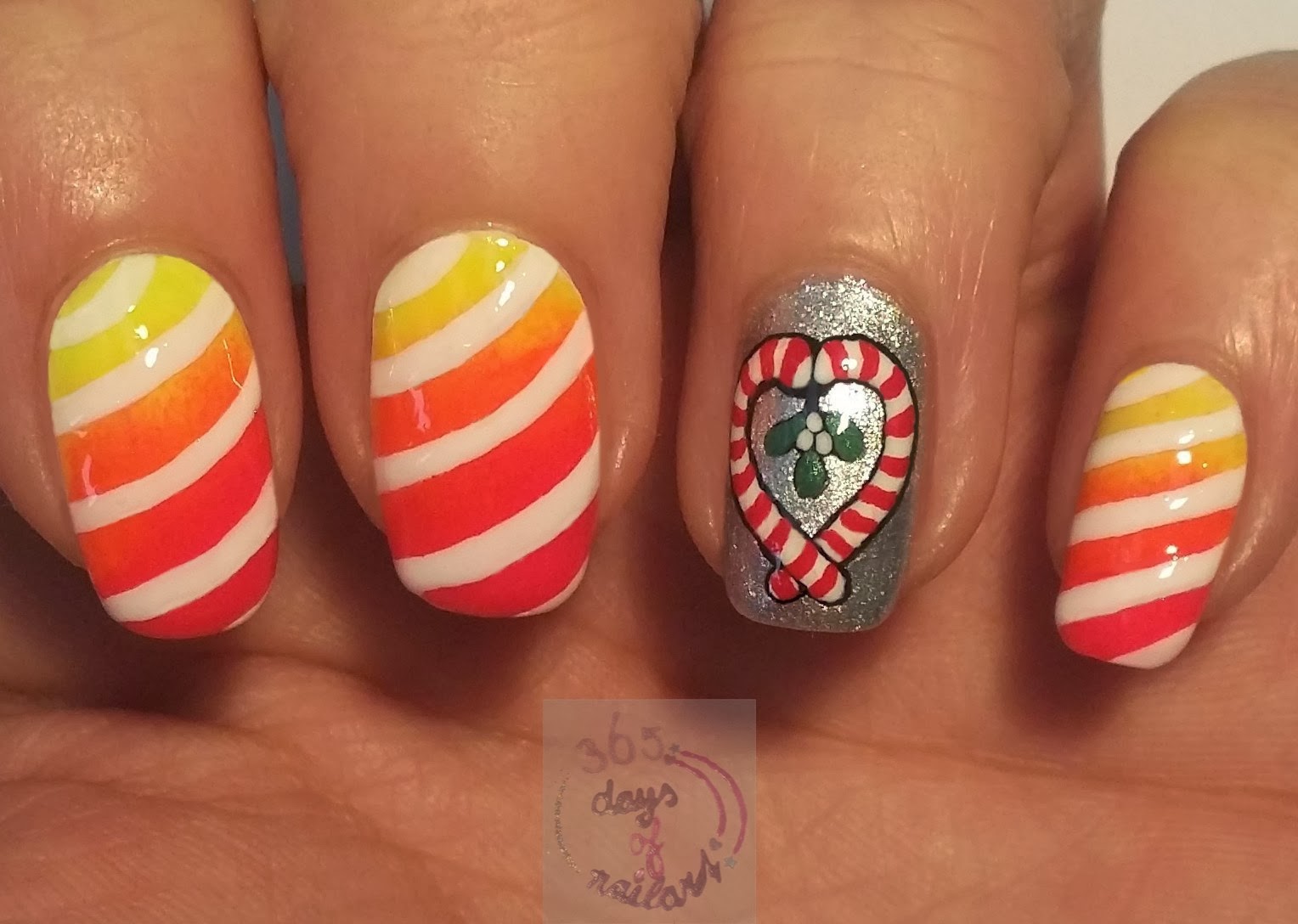 365+ days of nail art Day 343) Candy canes and mistletoe