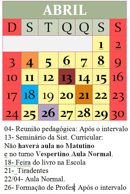 CALENDÁRIO DO MÊS DE ABRIL 2016