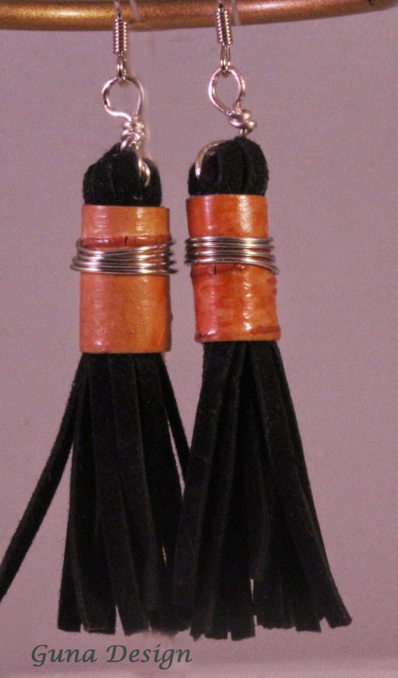 gunadesign guna andersone Eco jewelry- Natural birch bark and black suede tassel earrings gunadesign guna andersone Eco jewelry- Natural birch bark and black suede tassel earrings