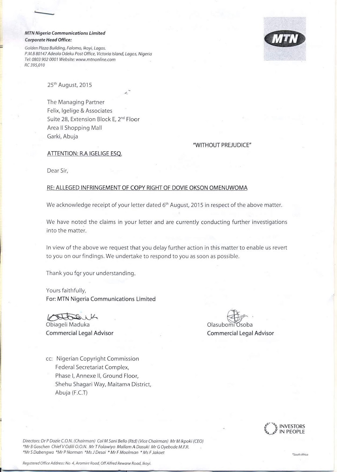 to Jovoflavour Blog. MTN Finally Responds to Alleged