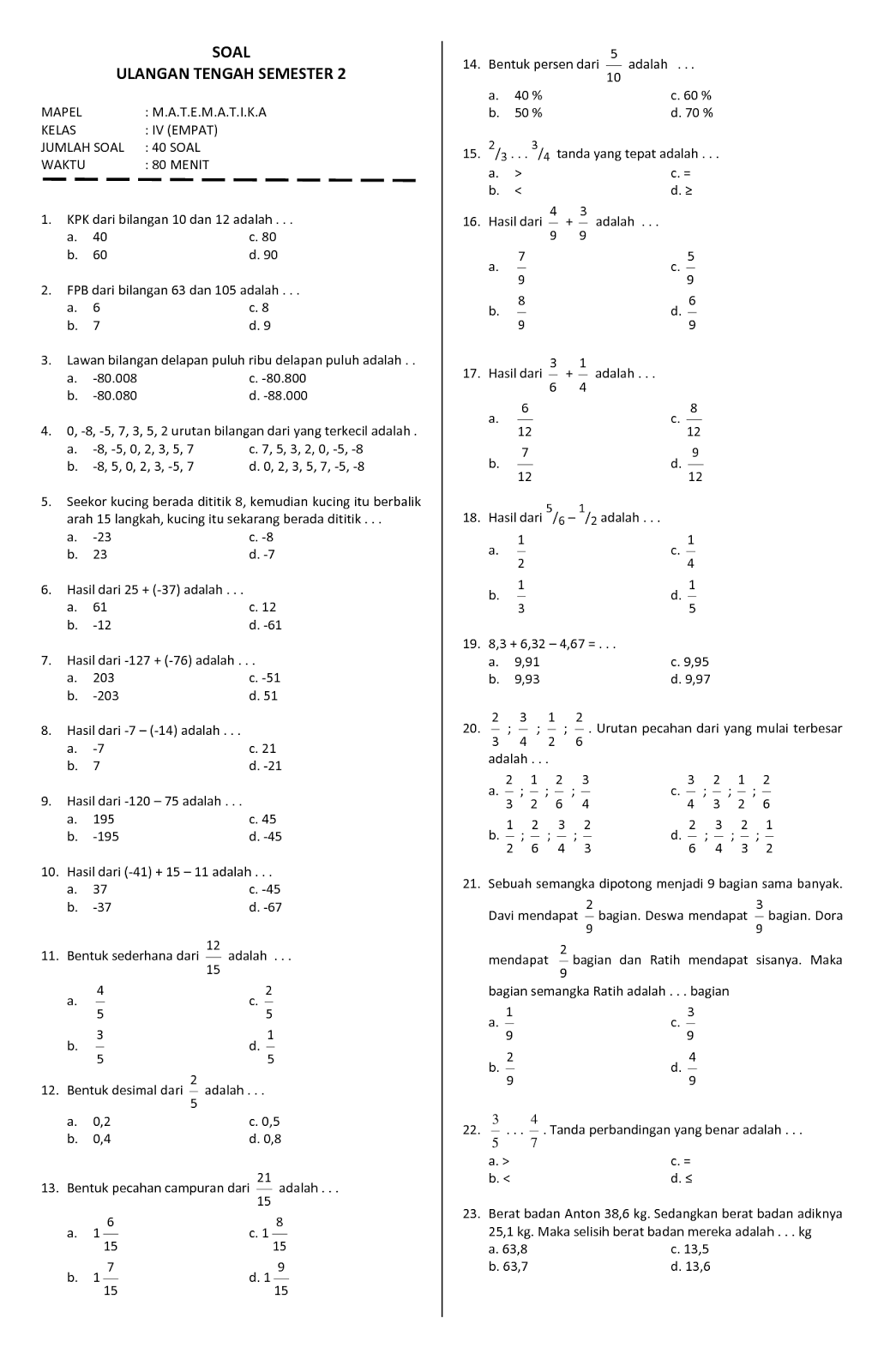 Contoh Soal Matematika Kelas 4