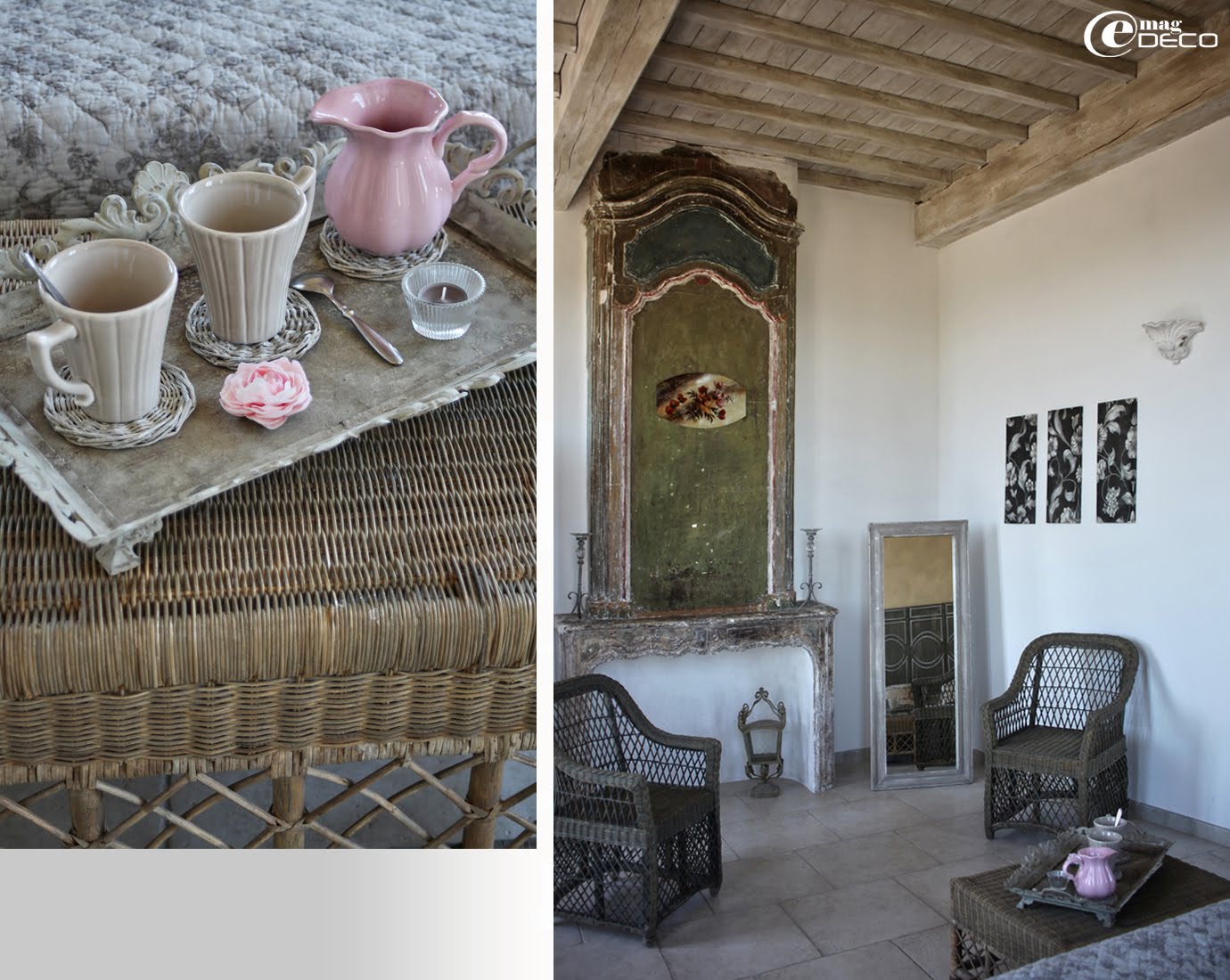 Plateau Pomax, tasses à thé Table Passion et ancienne cheminée avec trumeau peint du XVIIème siècle
