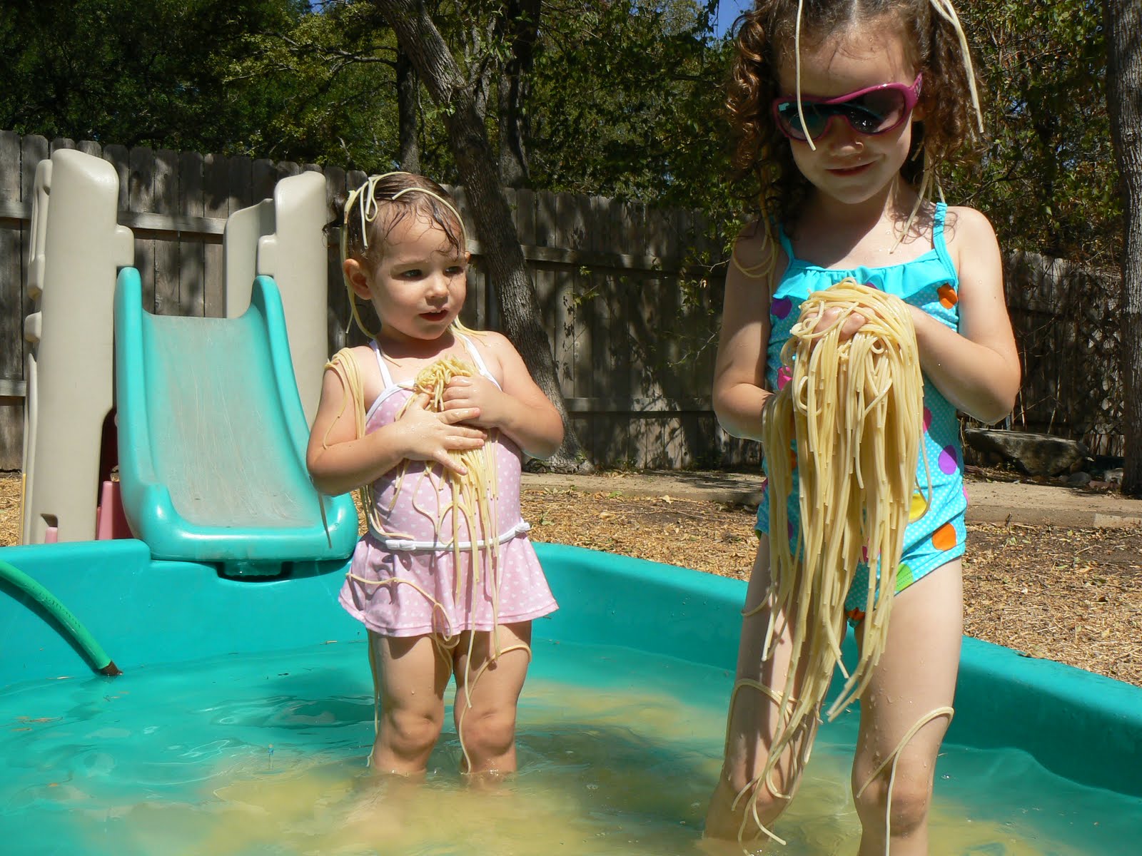 Having Fun at Home Spaghetti in the Kiddie Pool