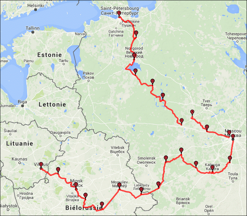  Vilnius - Minsk - Moscou -  StPétersbourg à vélo