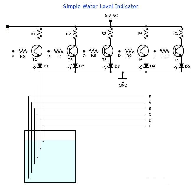 Water Level Indicator using 5 Transistor simple schematic diagram