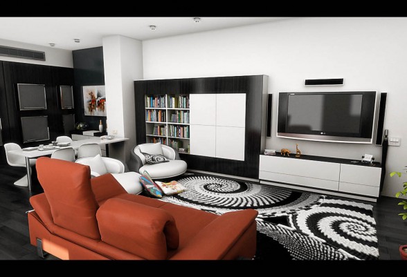 Modern Living room Bold Area Rug Orange sofa