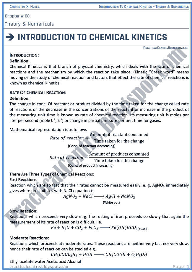 Introduction To Chemical Kinetics - Theory And Numericals (Examples And Problems) - Chemistry XI