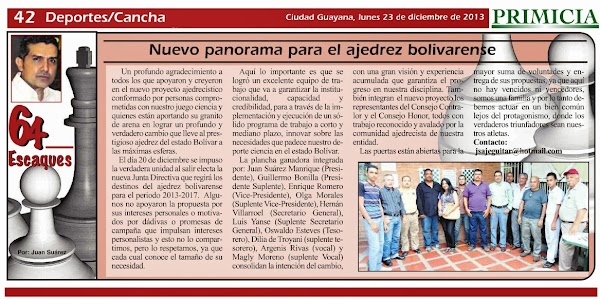 NUEVO PANORAMA PARA EL AJEDREZ BOLIVARENSE. COLUMNA "64 ESCAQUES" NUEVO PANORAMA PARA EL AJEDREZ BOLIVARENSE. COLUMNA "64 ESCAQUES"