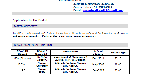 mba fresher resume samples
