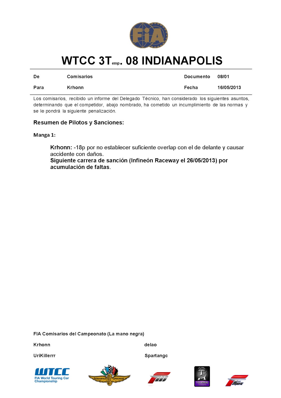 [WTCC] 3a Temp. Revisiones y sanciones Incidentes+Indianapoliss