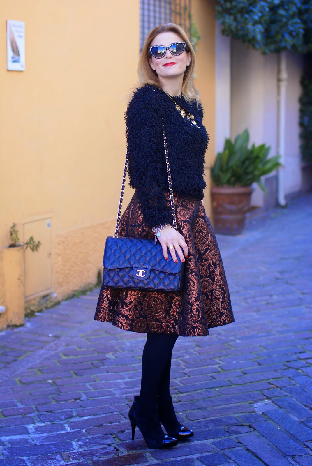 Fuzzy sweater, Asos metallic jacquard midi skirt, Chanel classic flap bag in caviar leather, vintage chanel buttons necklace, Fashion and Cookies, fashion blogger