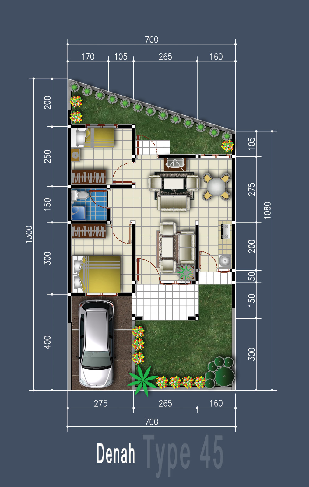 GAMBAR DENAH RUMAH TYPE-45 DAN UKURANNYA | freewaremini
