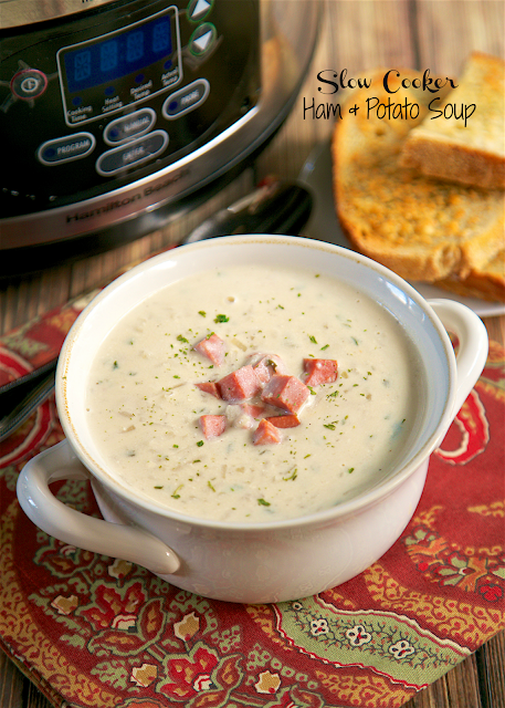 {Slow Cooker} Ham and Potato Soup - frozen hash browns, cream cheese, chicken broth, ham, Worcestershire sauce, onion and garlic - dump everything in the slow cooker and let it cook all day. SO good! Serve with some crusty garlic bread for a complete meal! Easy and delicious!