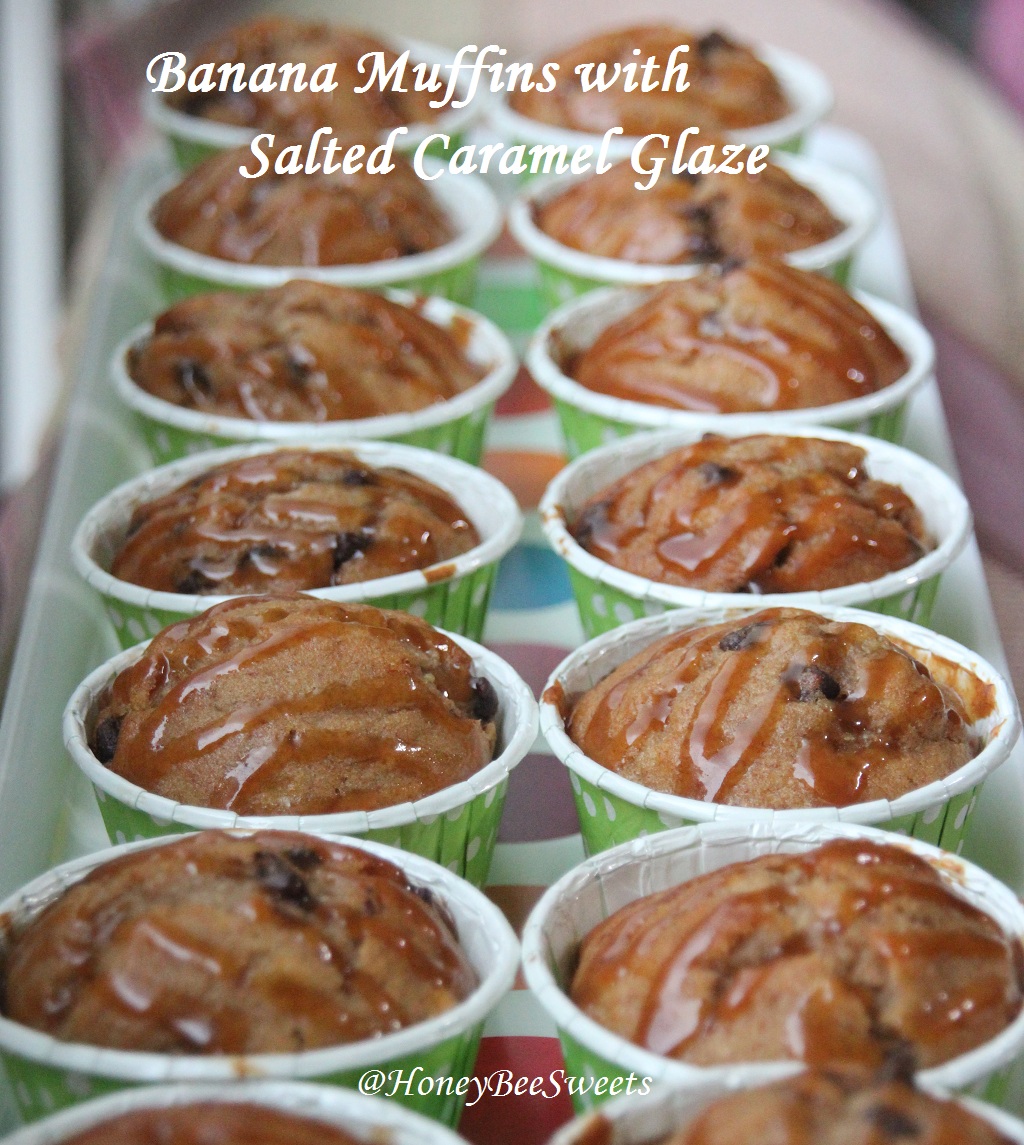 Honey Bee Sweets Banana Chocolate Chip Muffins with Salted Caramel Glaze