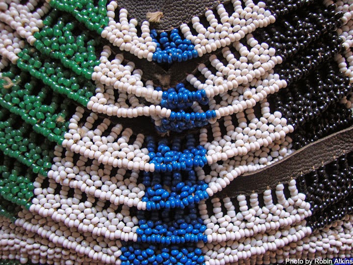 South African Zulu beadwork - man's apron - detail showing beaded surface edge stitching