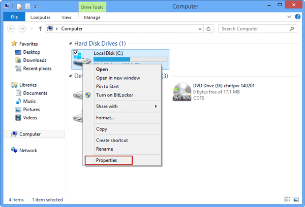 open Windows 8 hard drive properties open Windows 8 hard drive properties