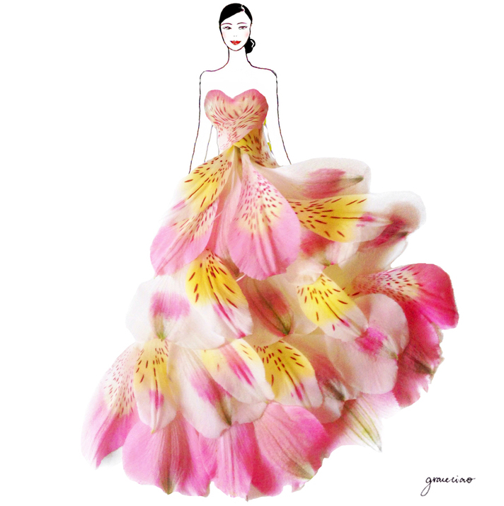 fashion illustration made of flower petals by Grace Ciao