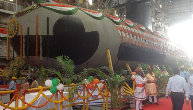 The floating out ceremony of the first Scorpene-class submarine, Kalvari, on April 6 in Mumbai INS Kalvari