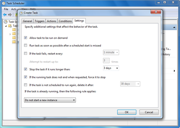 Control task behaviour Task Scheduler, Configuration