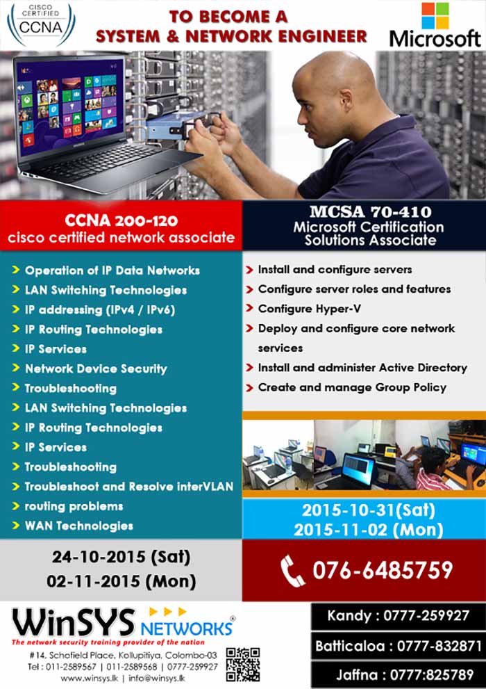 WinSYS Networks (Pvt) Ltd. was established in May 2003 with the prime intention of providing Hi Tech training and Consulting for corporate sector. In short period of time we have built reputation as a professional organization of very high integrity. Today WinSYS Networks, has become a premier training & consultancy company for networking, network security, & internet technologies in Sri Lanka, Human resources of WinSYS Networks include senior network consultants, business consultants, network security experts, project managers, system analysts and professional trainers. WinSYS Networks is divided in to two major divisions 