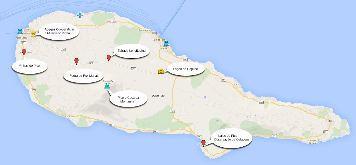 Mapa com os principais locais a visitar na ilha do Pico