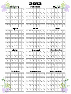 2013 yearly calendar in printable size with grasses, bamboo and bows on a white background
