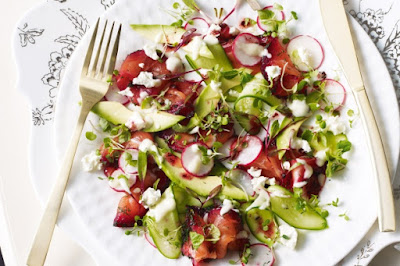 Beetroot-stained salmon with feta and horseradish dressing Recipe Beetroot-stained salmon with feta and horseradish dressing Recipe
