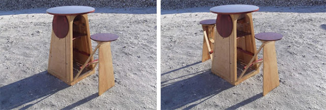Diseño de mesa con bancos plegables de madera