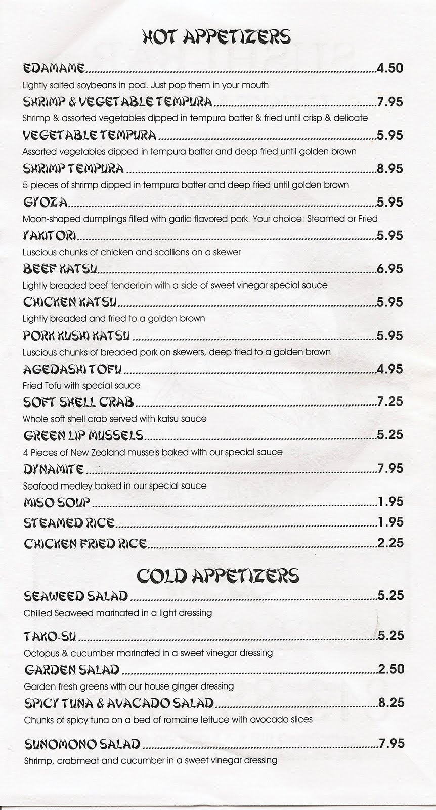 Oriental Garden Sushi Bar Restaurant Menu