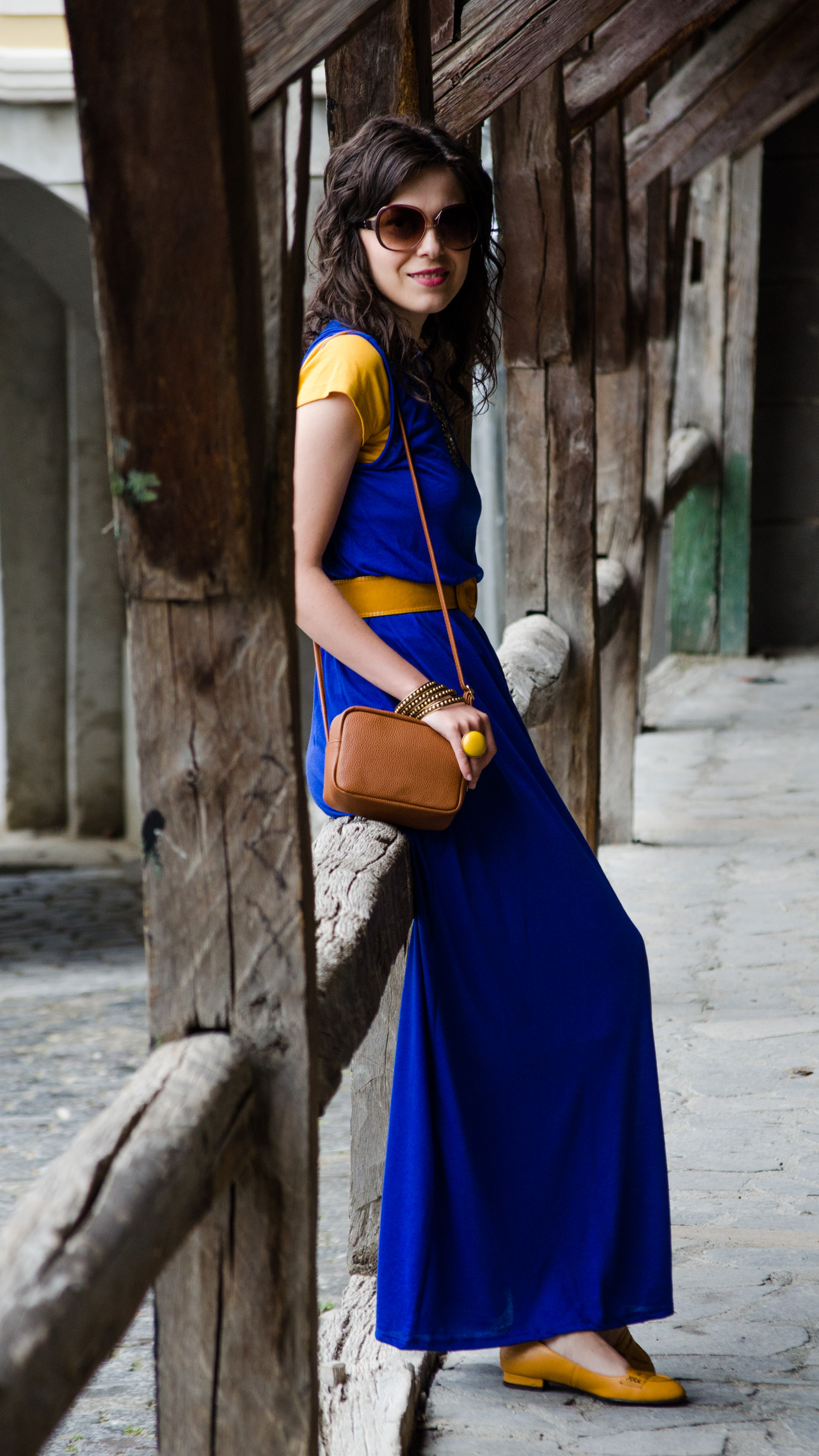 maxi dress cobalt blue mustard flats H&M belt sighisoara
