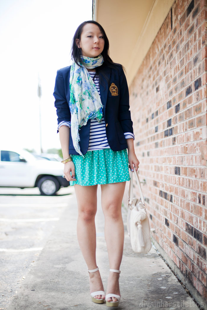 thrifted navy blazer, charming charlie scarf, striped zara top, alexis hudson white leather tote bag, swaychic polka dot skirt, texas style blog, austin fashion blog, diya liu