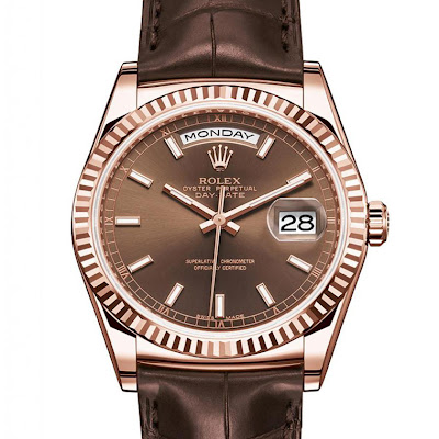 Rolex New Day-Date Date Everose gold, fluted bezel, chocolate dial and leather strap