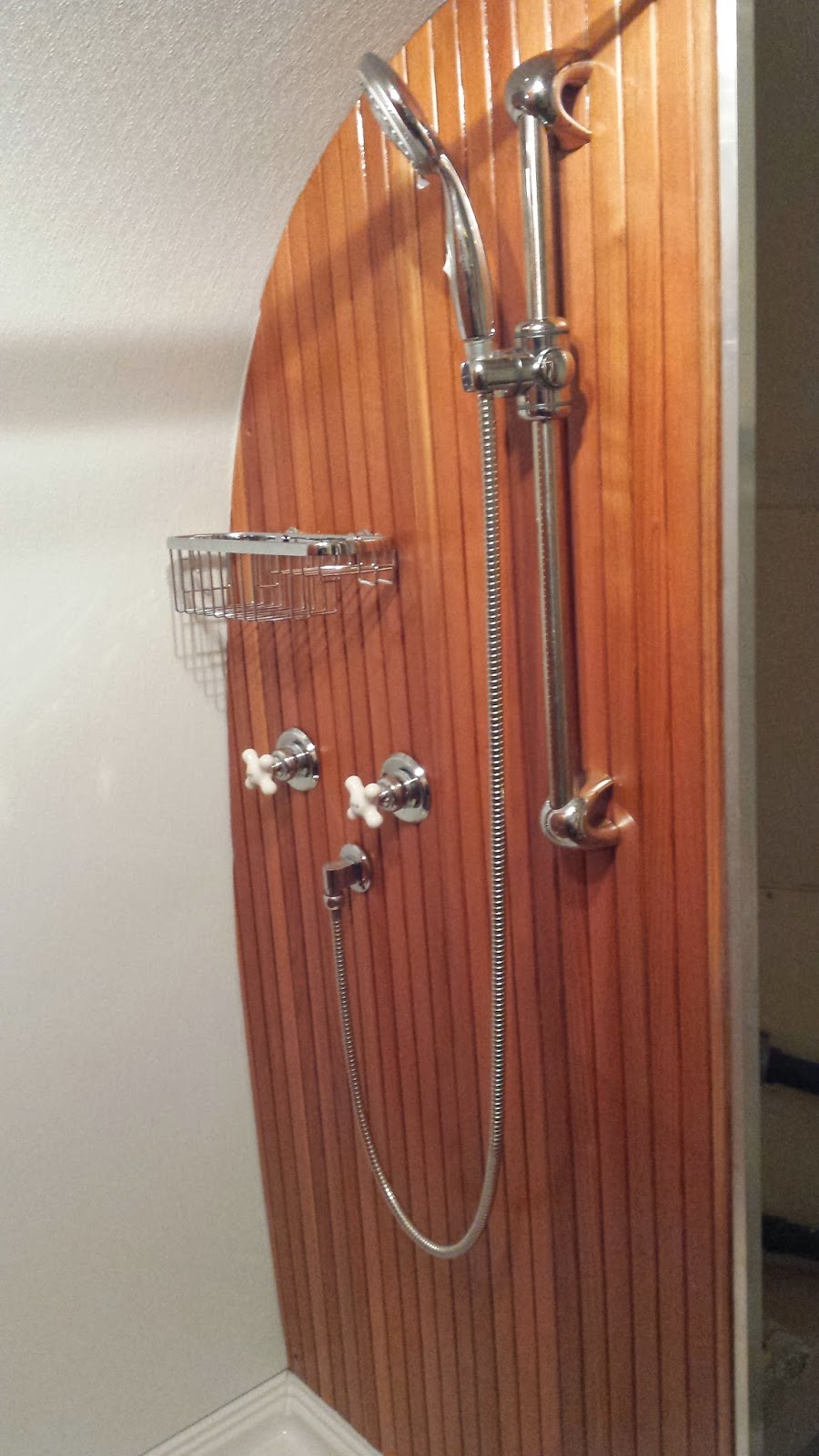 Airstream Renovation Redwood Shower Installed Nikki Found A Set Of Vintage Handles