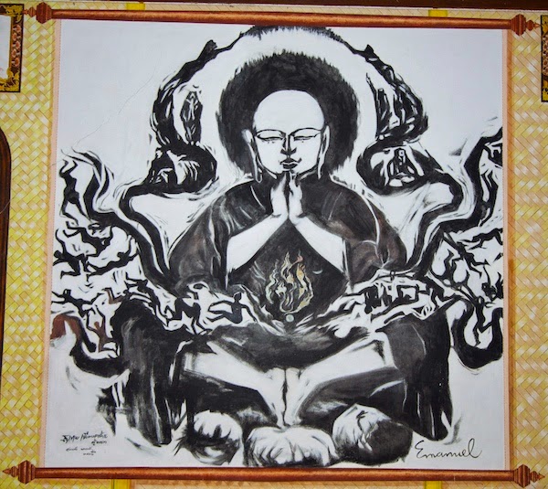 Buddha Meditating in Art by Emanuel Shermann at Wat Suan Mokkh Theravada Buddhist temple in the southern province of Chaiya, Thailand. Emanuel Sherman's painting of a Buddha meditating in fantastic style with fire at Wat Suan Mokkh Theravada Buddhist temple in the southern province of Chaiya, Thailand.